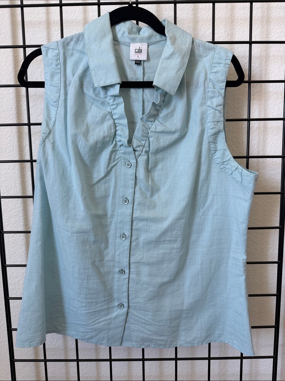 CAbi Light Blue Sleeveless Ruffle Button-Front Shirt